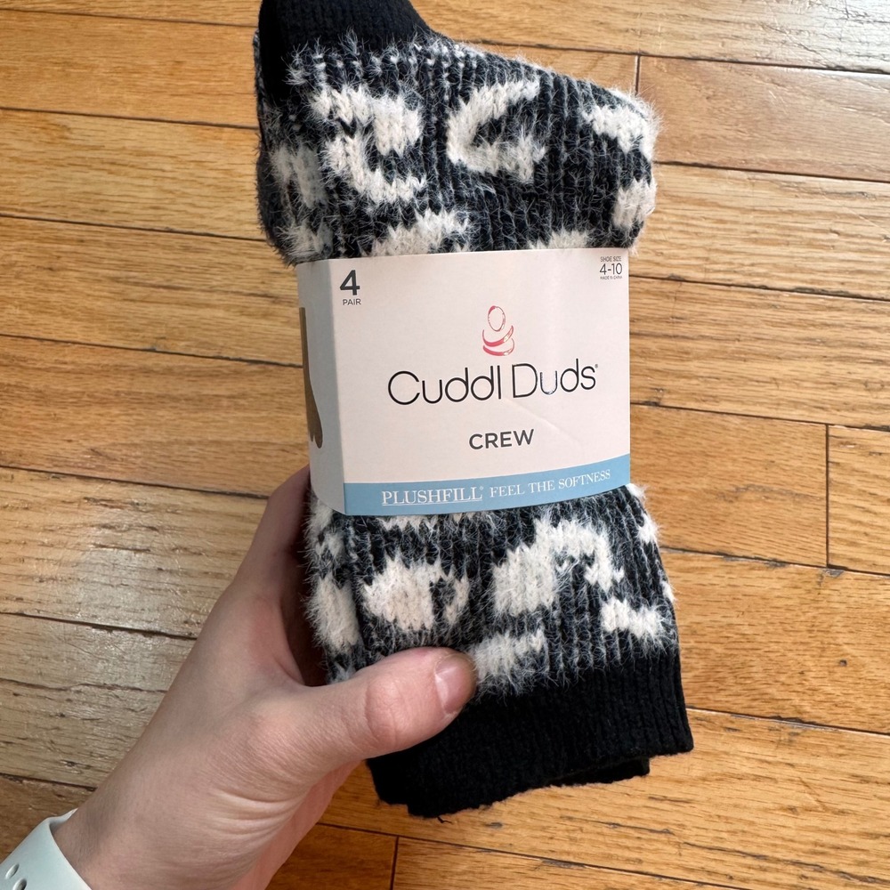 Cuddl Duds Women 4 Pair Plushfill Crew Socks Black Grey Leopard Cozy Boot Socks